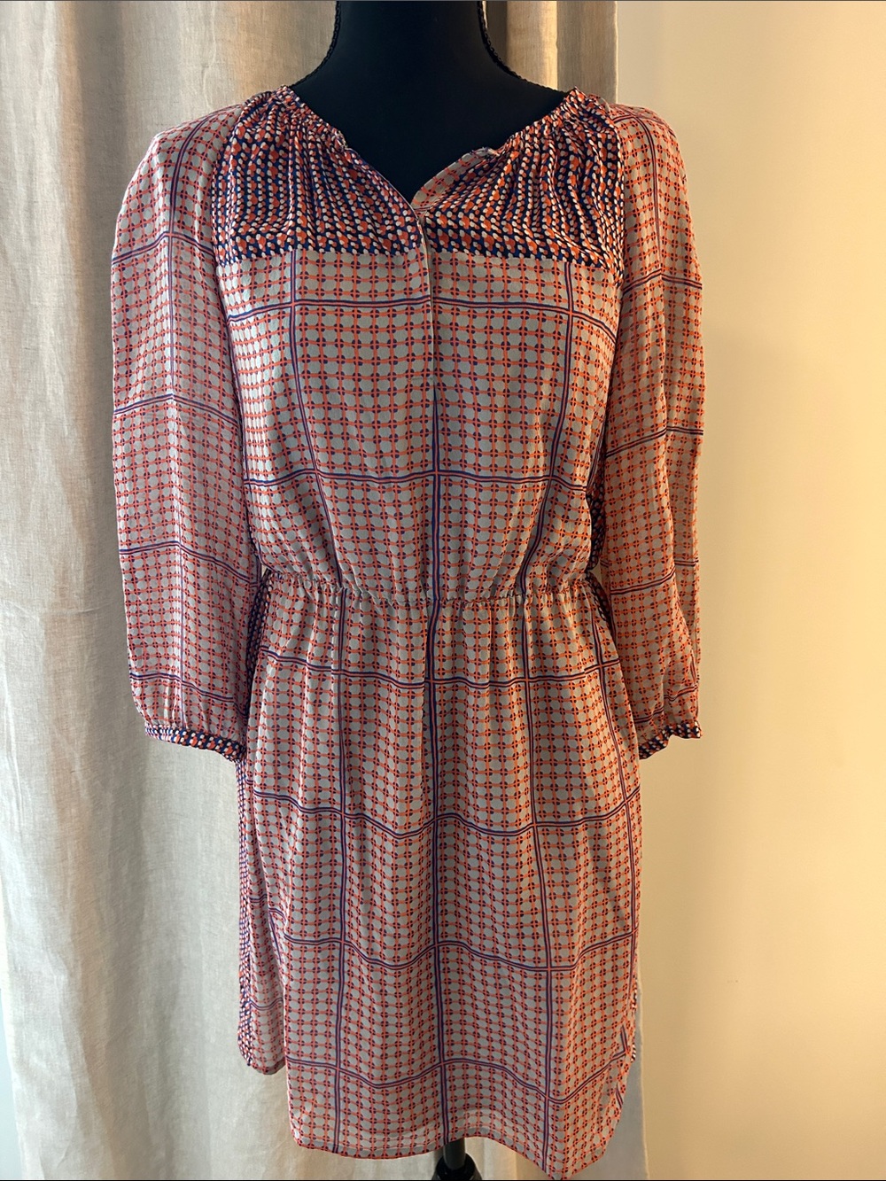 Madewell Red and Blue Printed Long Sleeve Peasant Dress